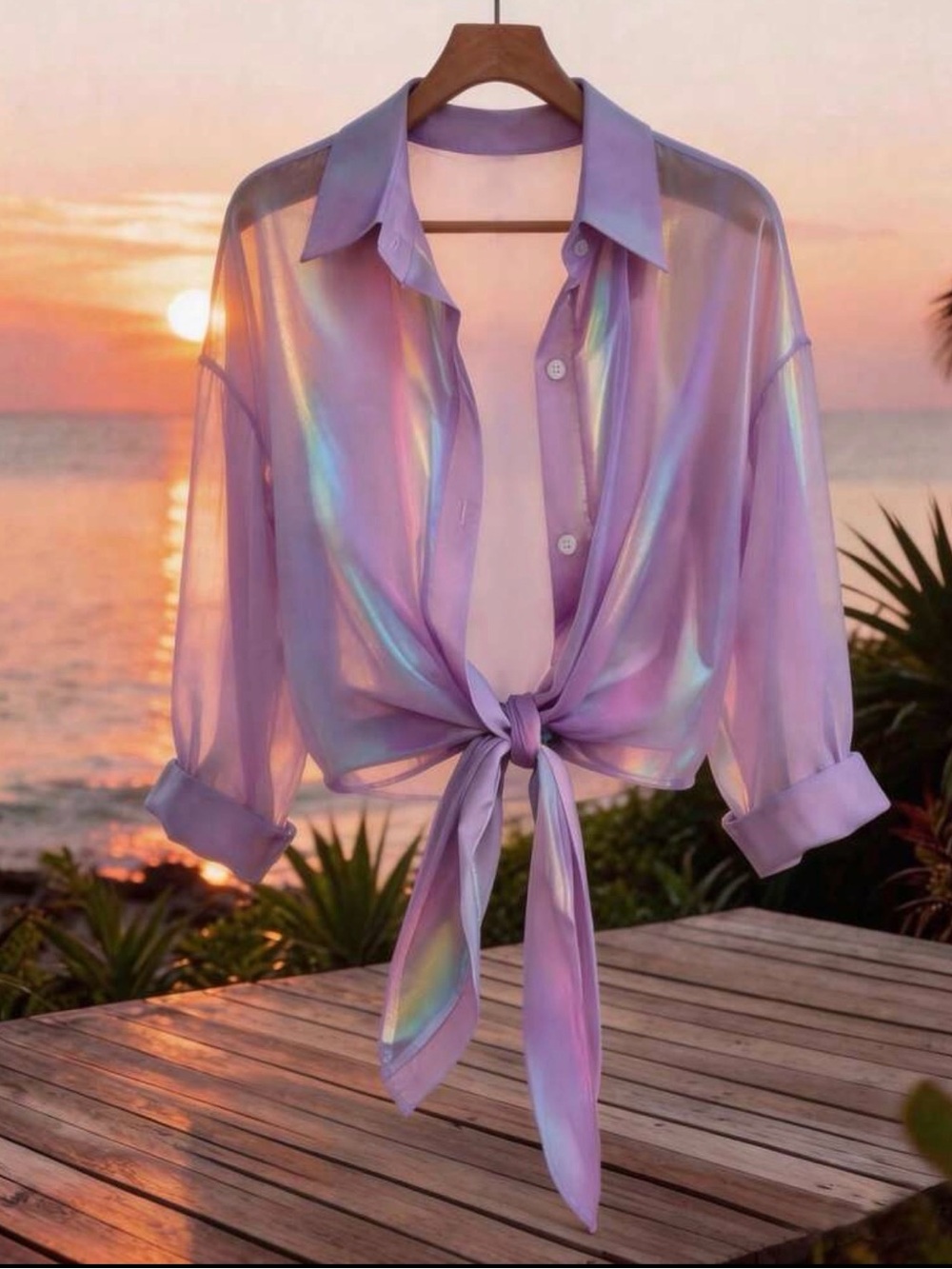 Sheer Lavender Tie-Front Shirt - Women's Top